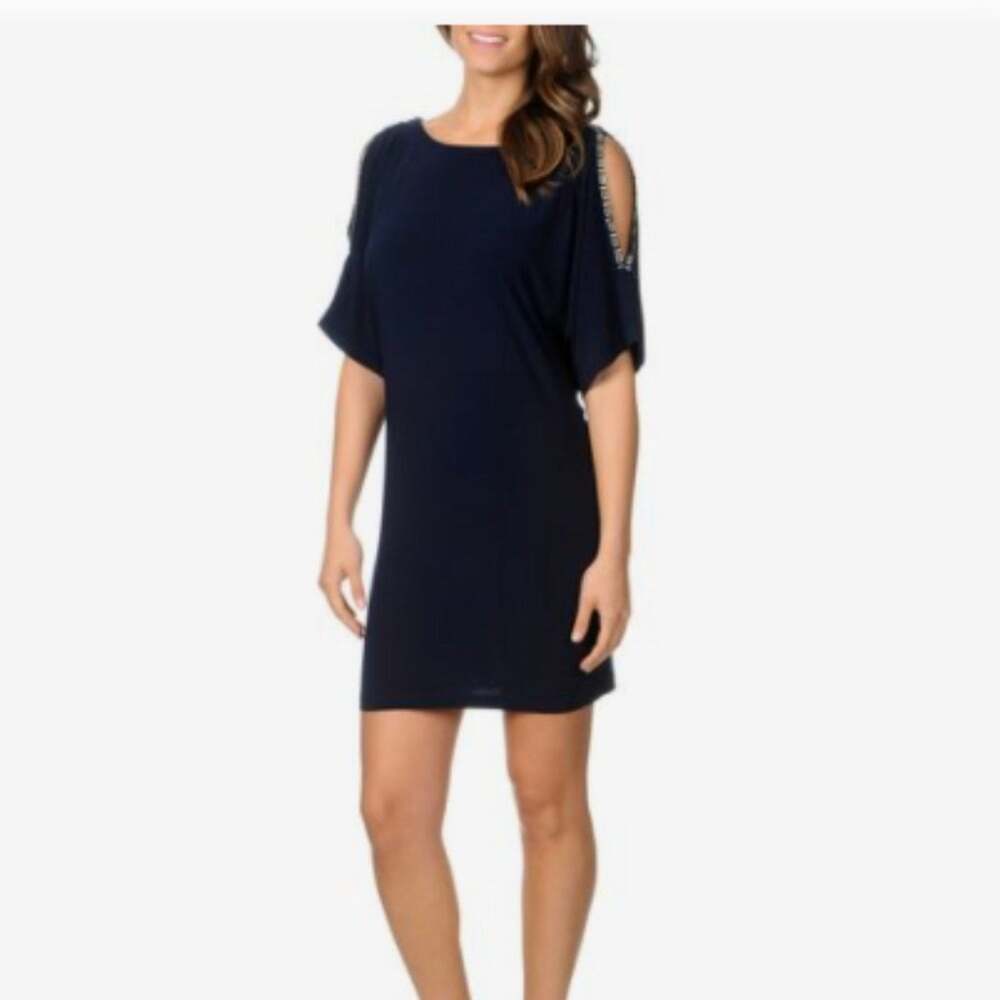 NWT Cachet Navy Blue Beaded Open Shoulder Draped Jersey Dress Size: 16